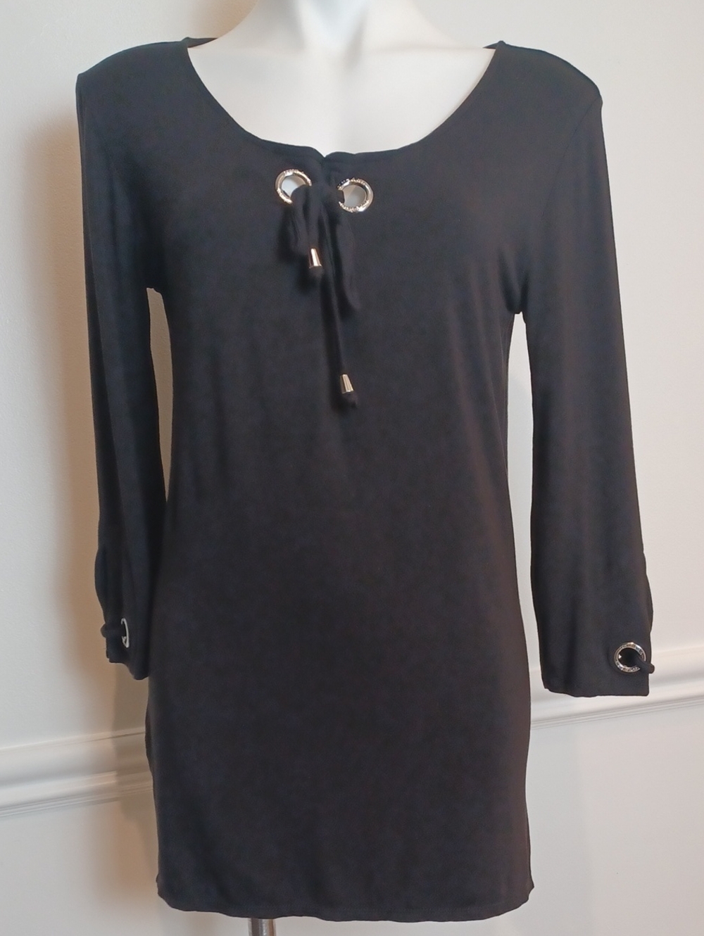 Medium Black Tunic Top with Grommet Tie Neck, 3/4 Sleeves, Chic Casual Blouse,